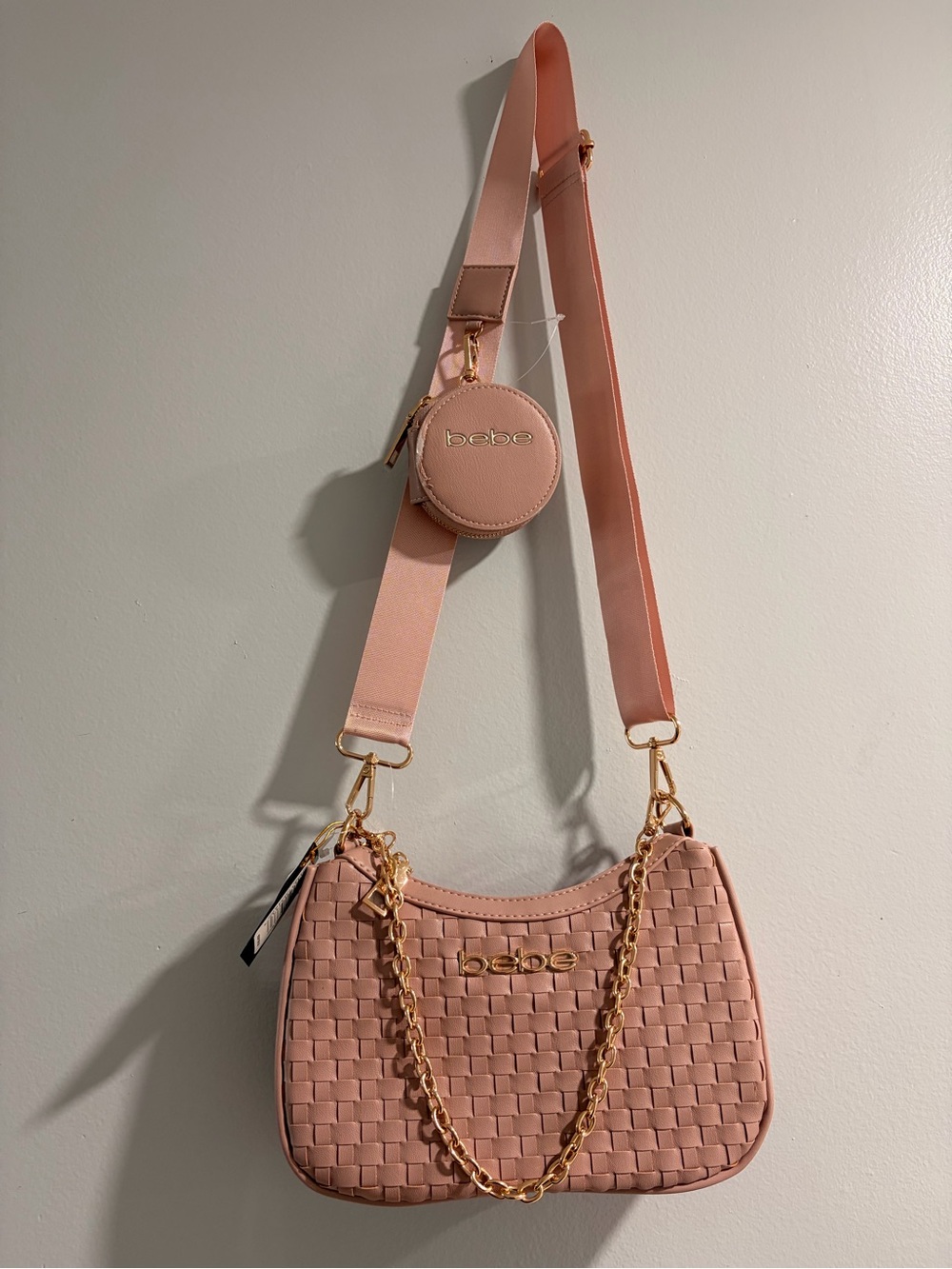 bebe Blush Pink Woven Shoulder Bag with Gold Chain and Strap